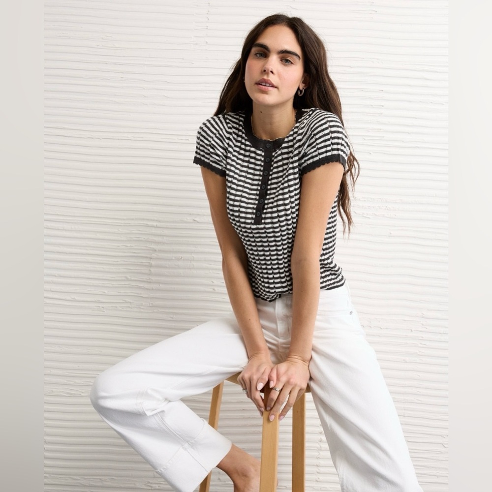 American Eagle Black Stripe Henley Pointelle Sweater T-Shirt